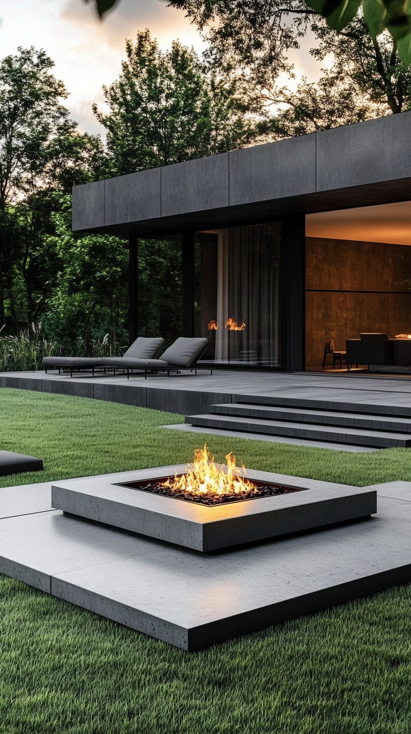A modern outdoor scene featuring a sleek fire pit surrounded by lush green grass and minimalist architecture.