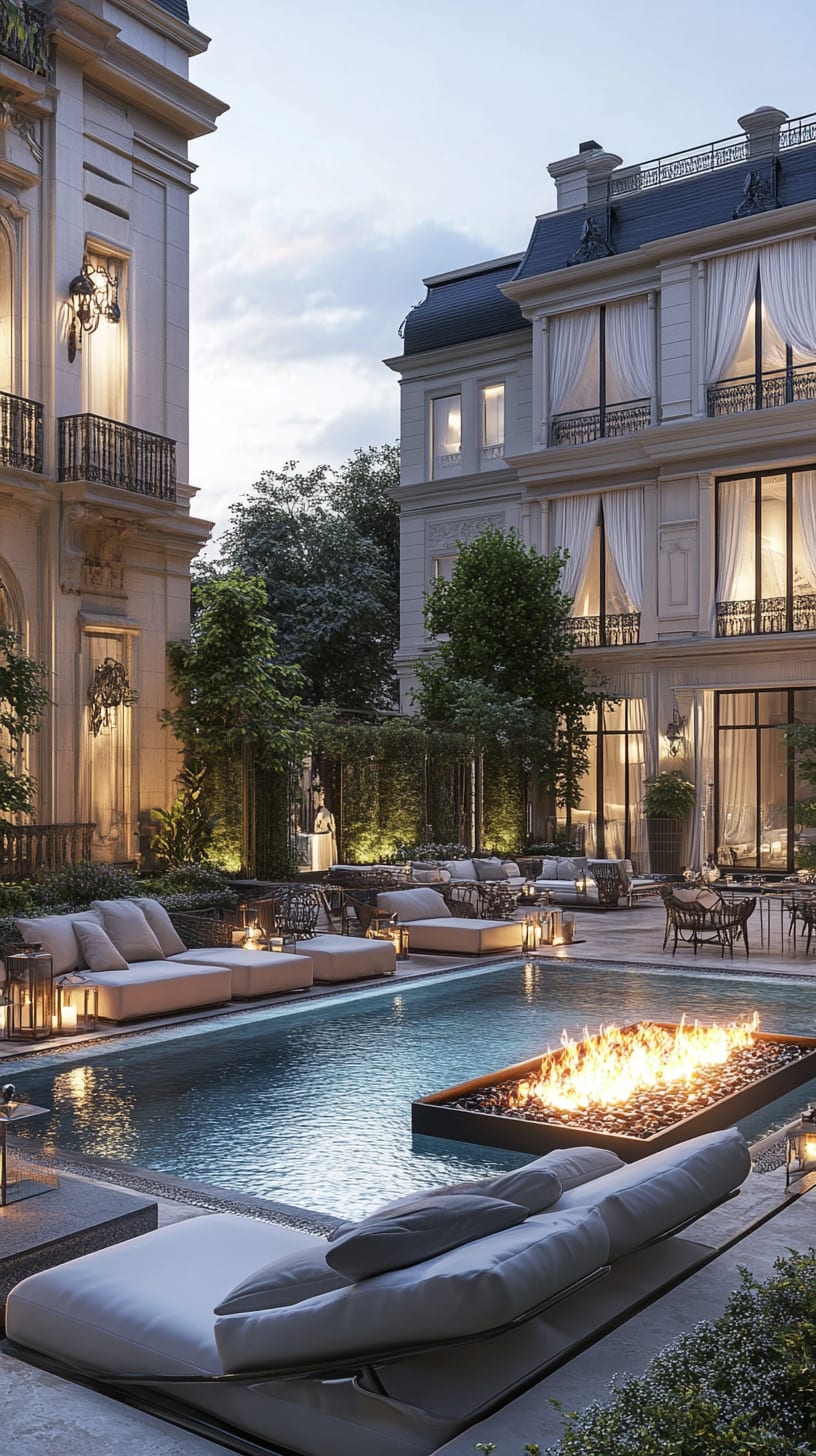 A luxurious Parisian hotel with an outdoor pool and fire pit, surrounded by elegant seating areas and sophisticated French architecture, captured at dusk with soft lighting.