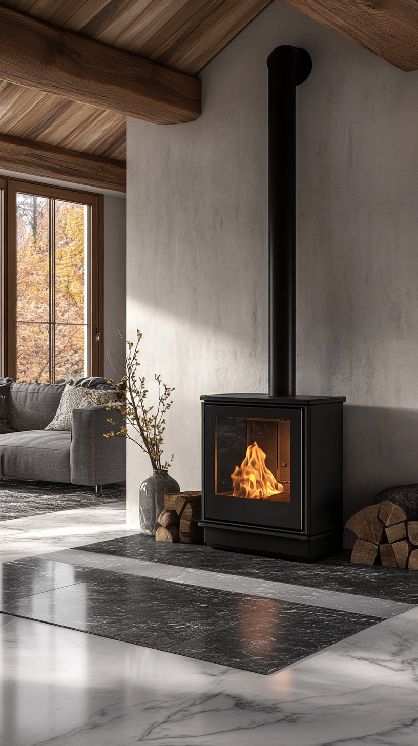 A modern black wood stove with flames, set in an elegant living room featuring a grey marble floor, wooden ceiling beams, and natural light streaming through large windows.