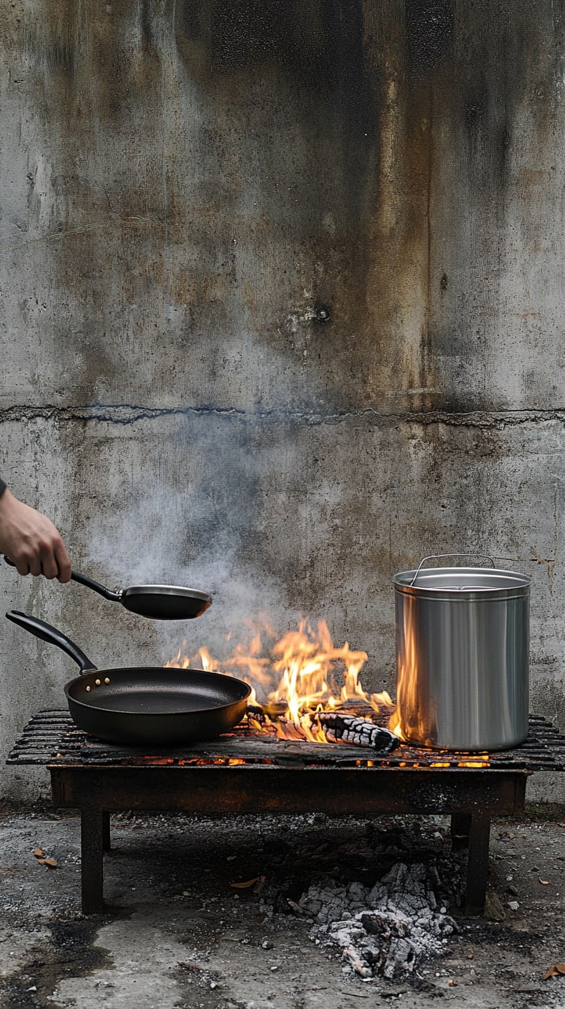 A person cooking on an open fire with metal pots and pans against a concrete wall, showcasing a blend of urban life and nature.