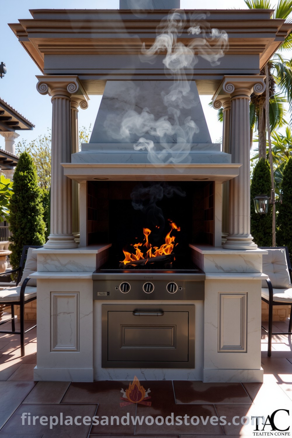 A grand neoclassical marble barbecue on a sun-drenched patio with imposing columns, polished stone surface, flickering flames, and earthy greenery, offering inspiring decor ideas for your home at fireplacesandwoodstoves.com.