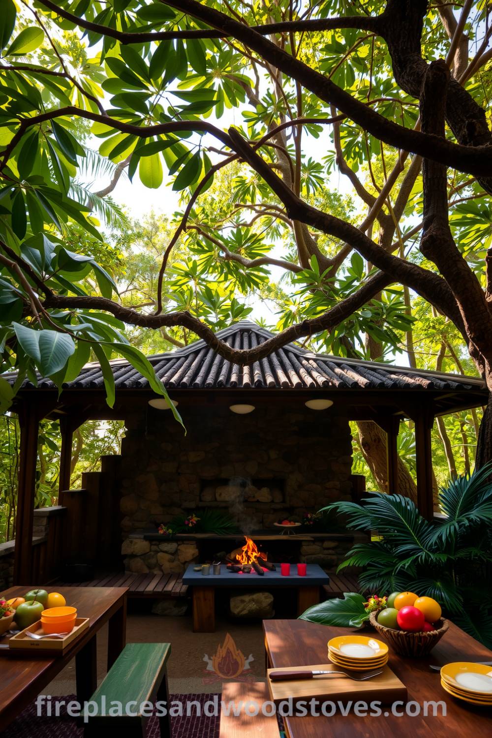 Rustic outdoor barbecue in a tropical jungle setting, featuring a natural wood and stone construction, vibrant tables with colorful dishes, surrounded by lush foliage and dappled sunlight, creating an inviting atmosphere for gatherings, showcased on fireplacesandwoodstoves.com.