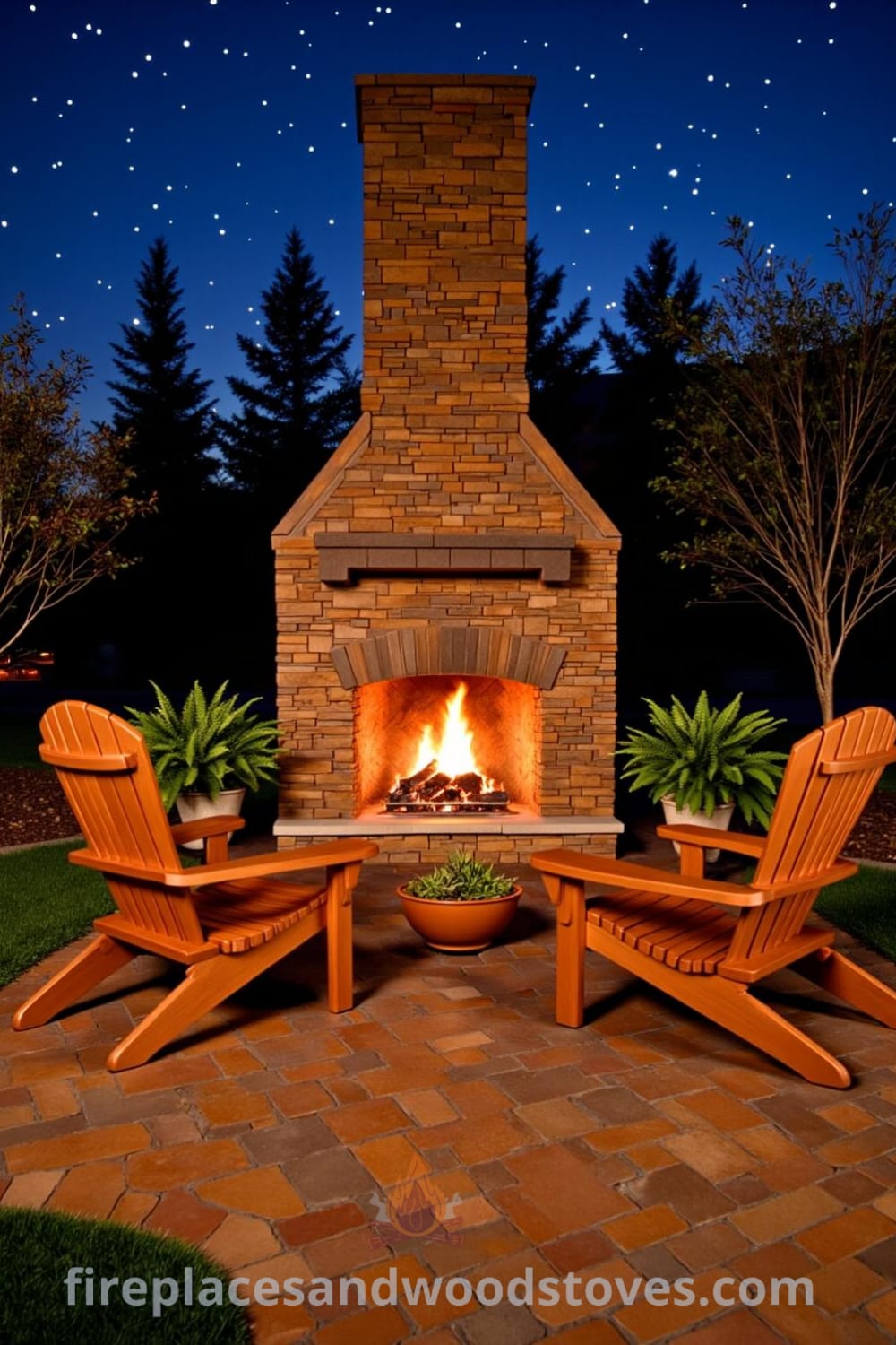 Sunken patio with a cozy stone fireplace, surrounded by worn wooden chairs and potted ferns, creating an inviting outdoor retreat perfect for intimate gatherings. Find inspiring decor ideas for your home at fireplacesandwoodstoves.com.