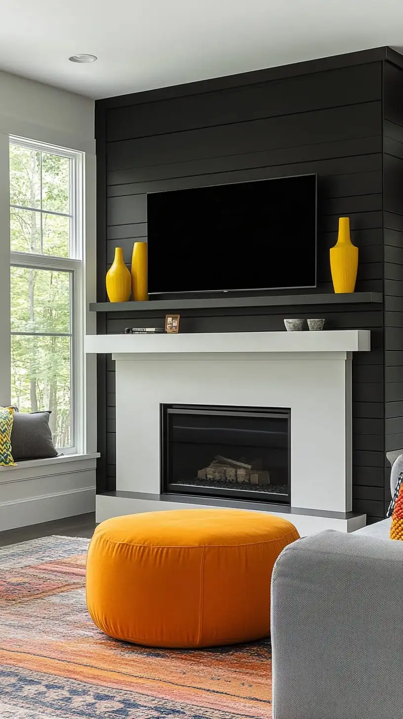 A modern living room featuring a fireplace with black shiplap and white mantel, accented by orange decor, a colorful rug, and a couch decorated with vibrant pillows.