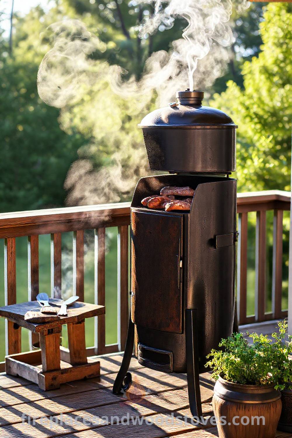 Tall vertical smoker barbecue on a wooden deck with smoke curling up, accompanied by a rustic table of utensils and fresh ingredients, creating a cozy and stylish outdoor setup for summer gatherings. Visit patioandhomefurniture.com for incredible outdoor design inspiration.
