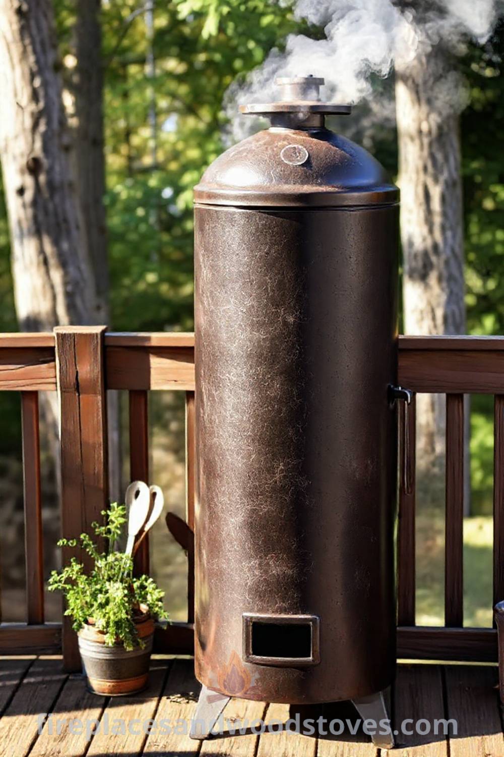 Vertical smoker barbecue on a wooden deck with potted herbs and rustic utensils, creating a cozy outdoor cooking atmosphere perfect for family gatherings. Visit patioandhomefurniture.com for stylish backyard design ideas that will wow your guests.