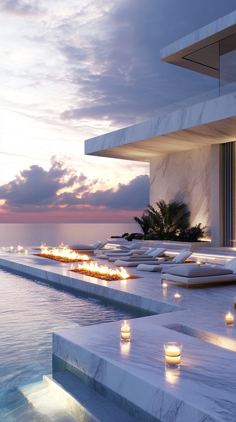 A luxurious modern mansion with an infinity pool, fire pit, and elegant candles, set against a breathtaking ocean sunset.