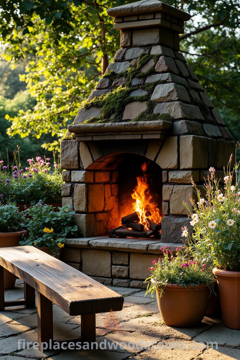 Rustic stone outdoor fireplace nestled in a sun-dappled garden, surrounded by herbs and wildflowers, with warm flickering flames, creating a cozy and inviting atmosphere for gatherings. For more inspiring decor ideas, visit fireplacesandwoodstoves.com.