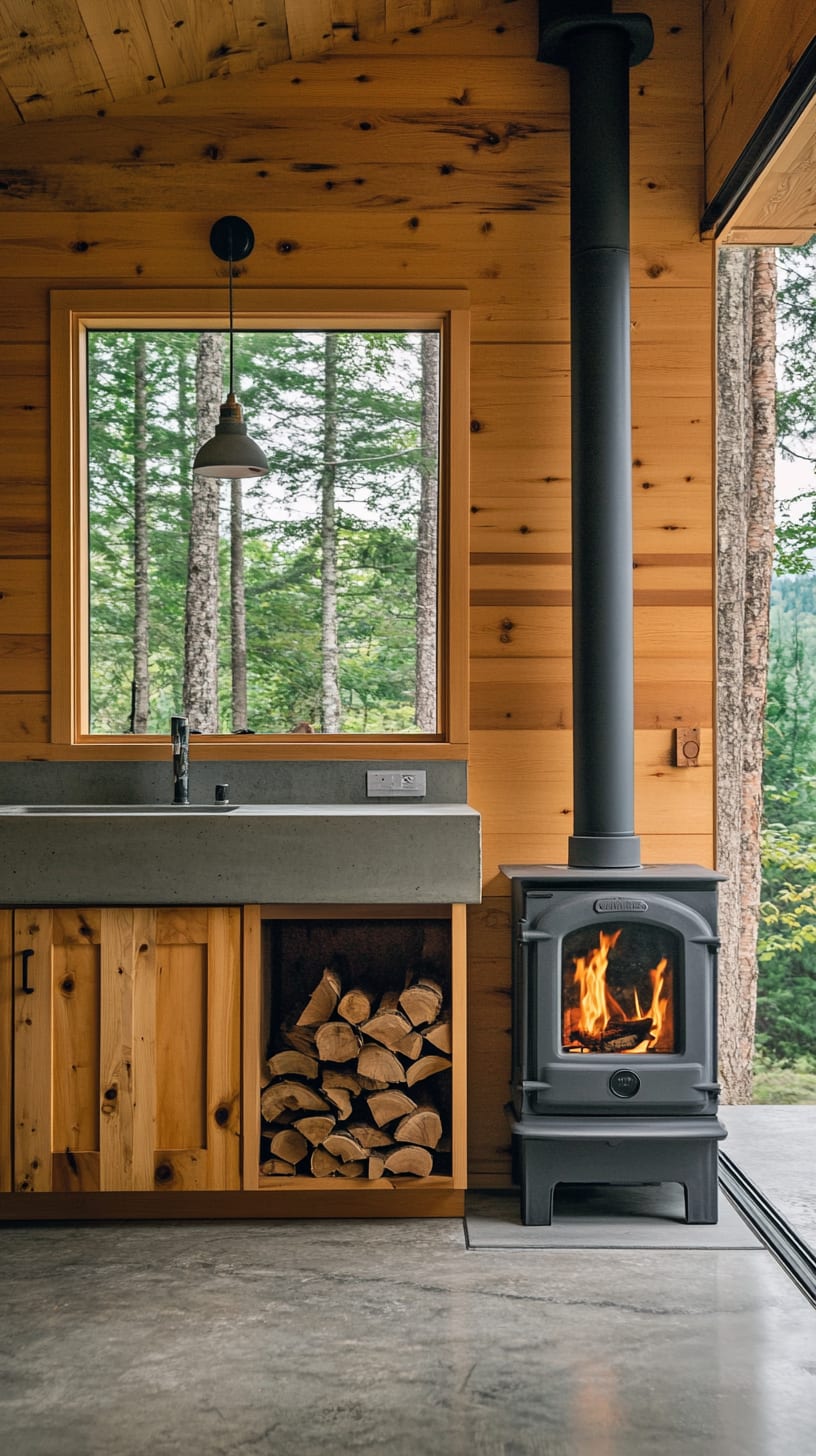 A wood stove in a cabin-core outdoor kitchen featuring concrete countertops and warm pine walls, with large windows offering a view of surrounding trees.