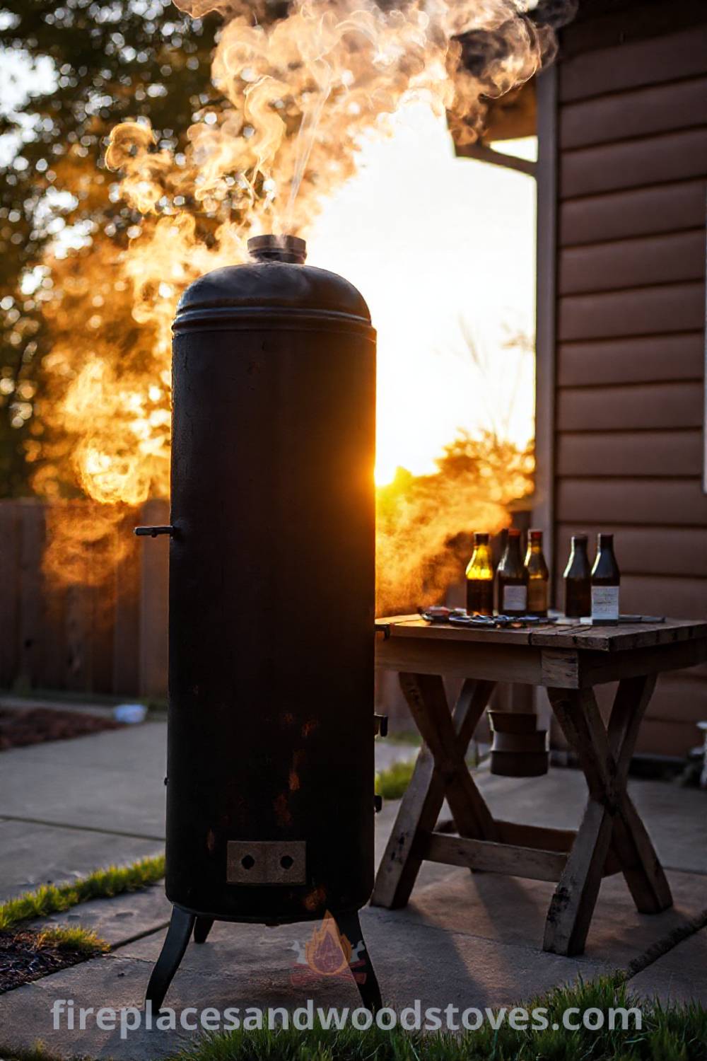 Vertical smoker barbecue on a well-used patio, surrounded by grilling tools and beers, with smoke rising into a sunset sky, creating a cozy atmosphere for outdoor gatherings. Visit patioandhomefurniture.com for stylish ideas transforming your backyard.