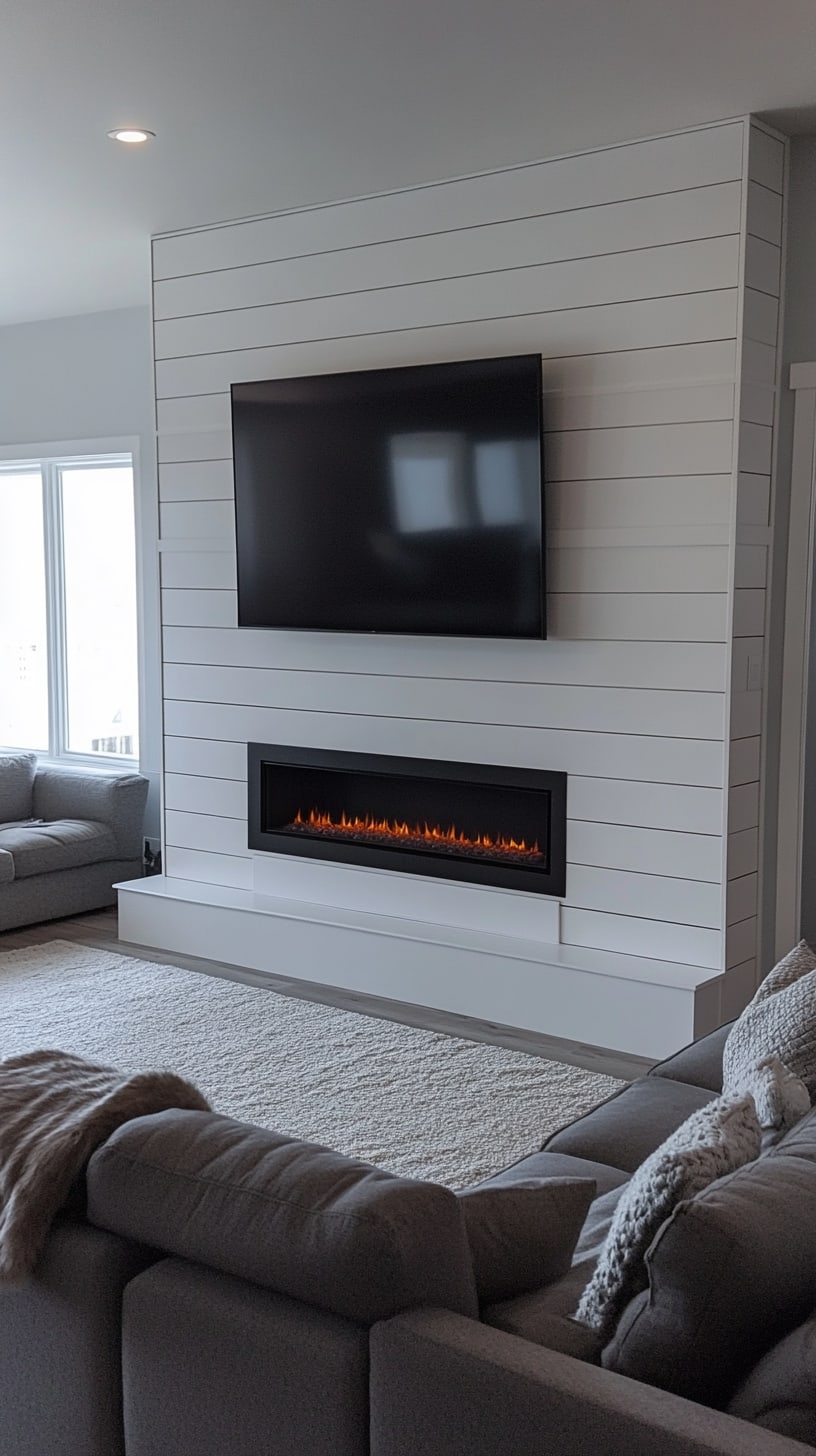 A modern living room featuring a white shiplap wall with a mounted TV, an electric fireplace below, and a light grey couch, creating a cozy and inviting atmosphere.