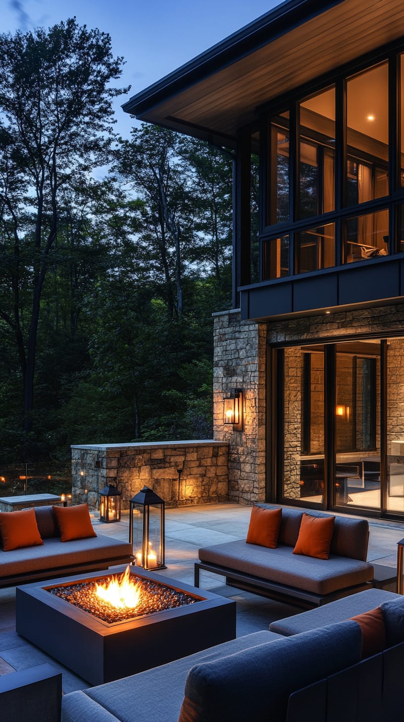 A modern outdoor living space featuring gray sofas with orange cushions, a stone fire pit, and ambient lantern lighting, surrounded by lush woods at dusk.