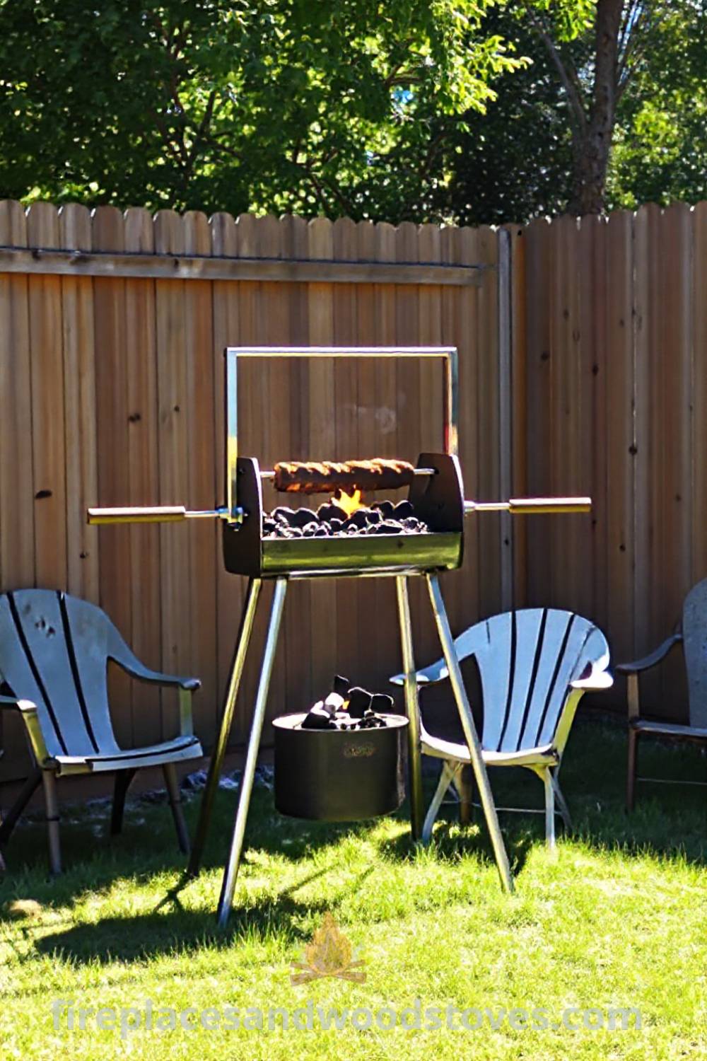 Outdoor spit BBQ in a sun-drenched backyard with a metallic frame, glowing coals, and mismatched chairs inviting gatherings, perfect for delicious grilling moments. Visit patioandhomefurniture.com for incredible design ideas transforming your backyard.