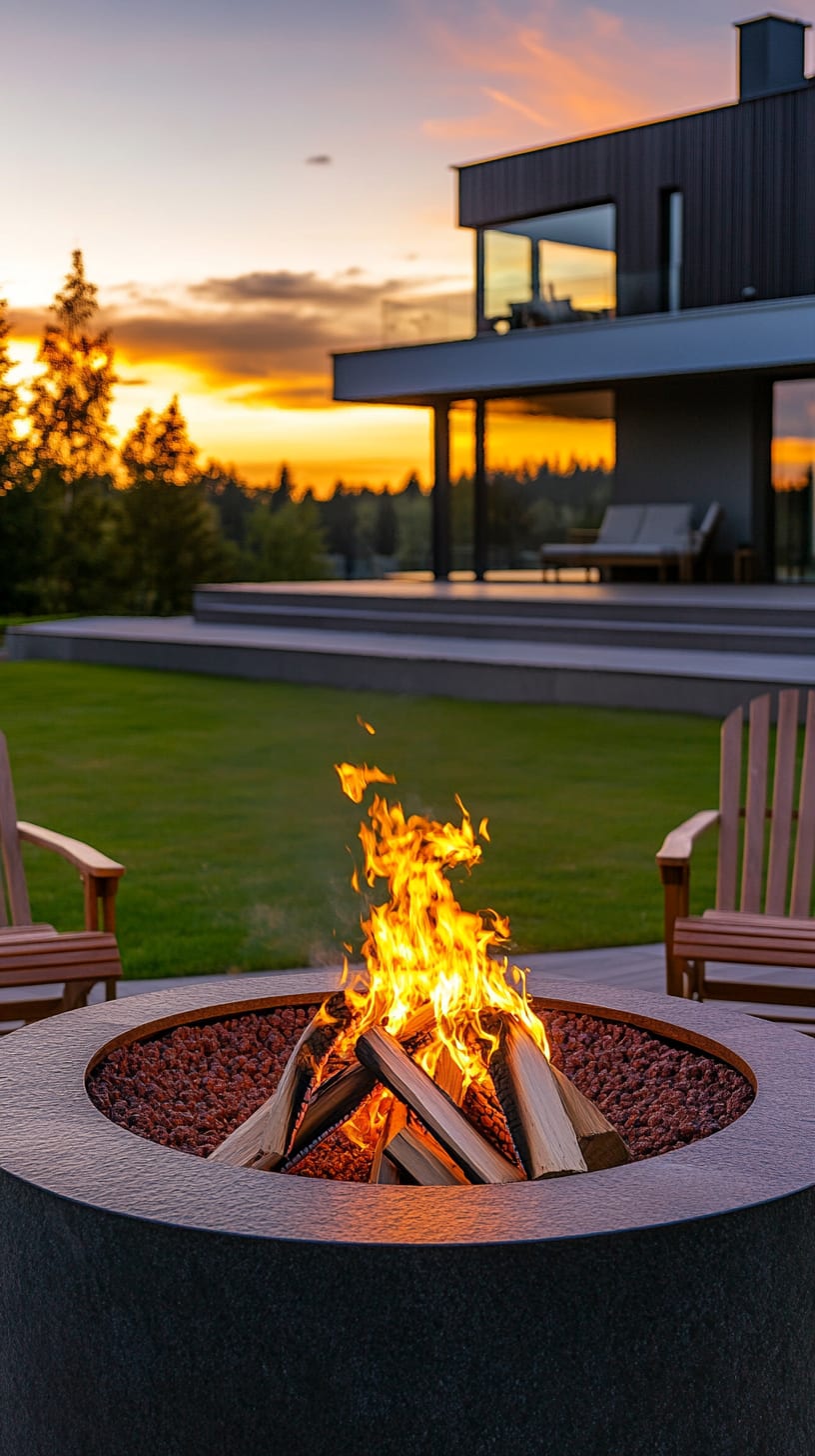 A modern outdoor fire pit surrounded by wooden chairs on a grassy patio at sunset, creating an inviting and warm atmosphere for gatherings.