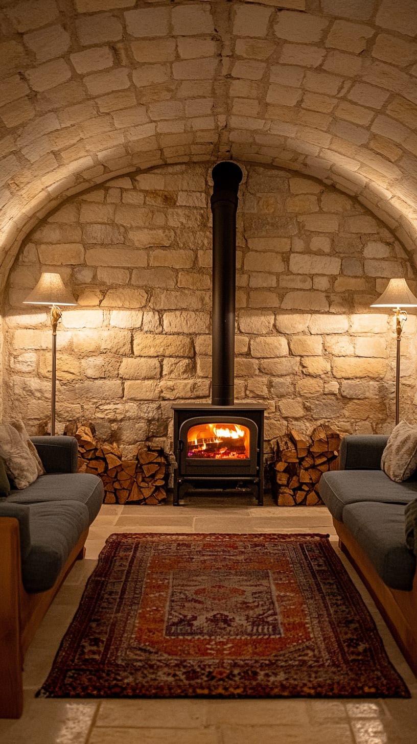 A cozy stone room with arched walls, a wood stove in the center, two sofas on either side, and a vintage rug, creating an inviting atmosphere perfect for winter gatherings.