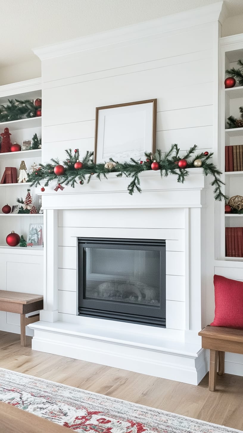 A white shiplap fireplace decorated for Christmas, surrounded by built-in bookshelves filled with books and red ornaments, creating a warm and cozy holiday atmosphere.