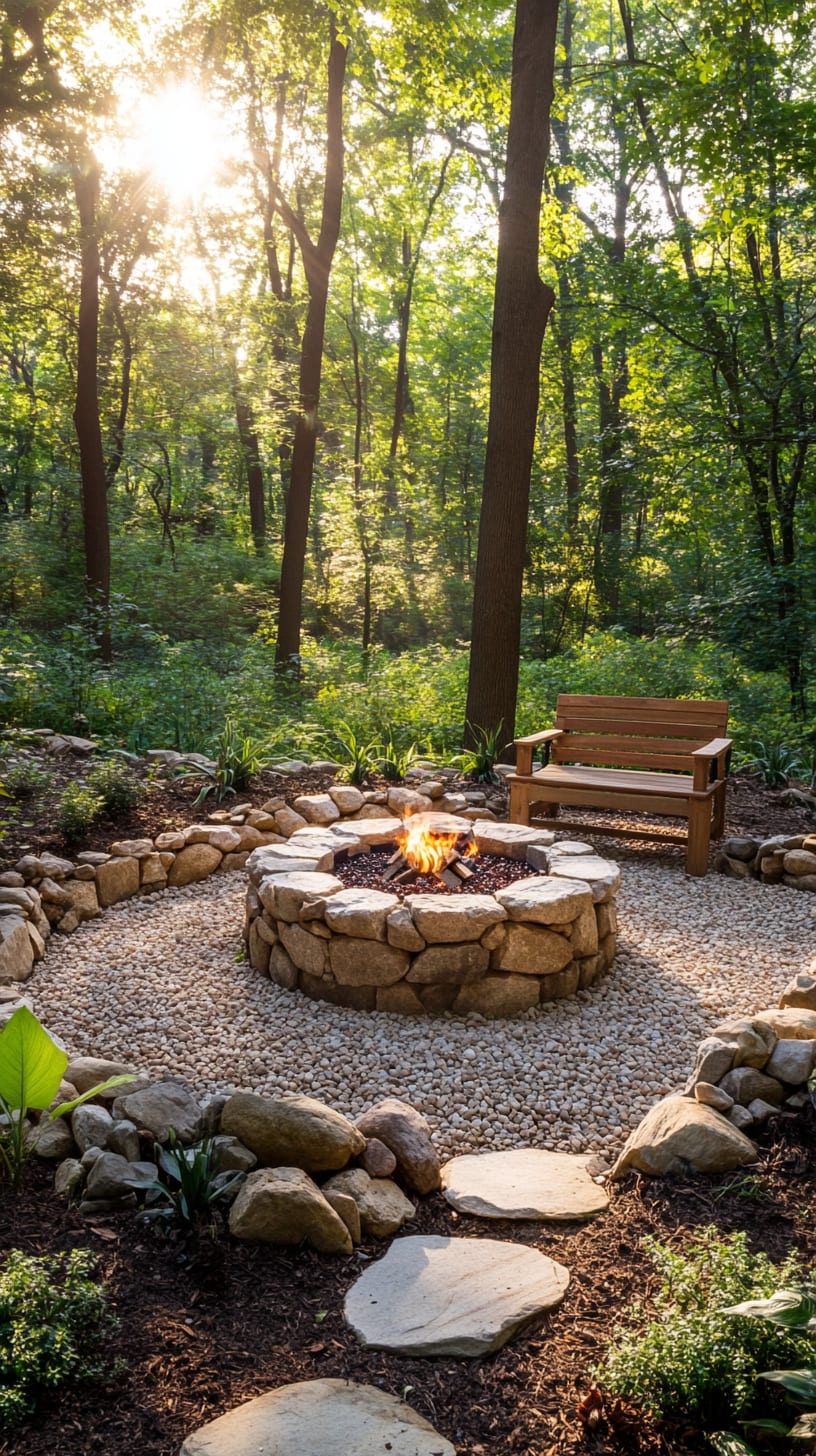 A rustic fire pit surrounded by pebbles and large stones, with a wooden bench in a green forest setting during sunset.