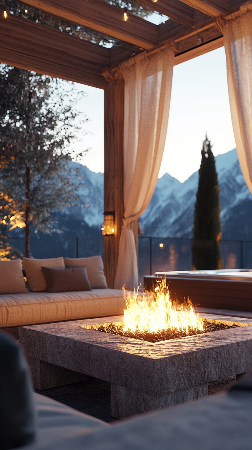A cozy outdoor seating area featuring an elegant stone fire pit, plush sofas, and curtains, with a backdrop of majestic mountains at dusk.