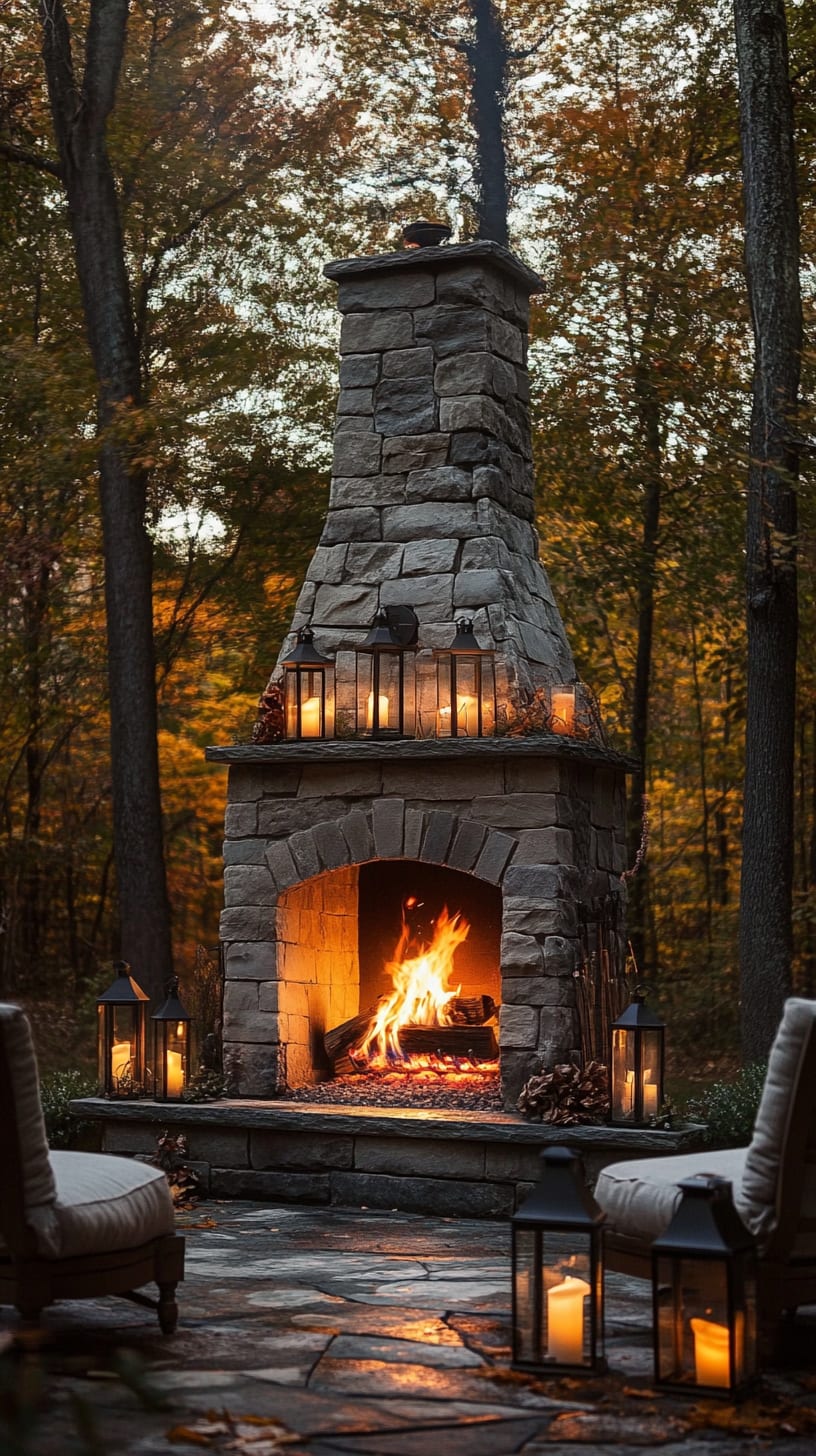 A stone outdoor fireplace set in an autumn forest, surrounded by lanterns and candles, with comfortable seating nearby and vibrant fall foliage in the background.