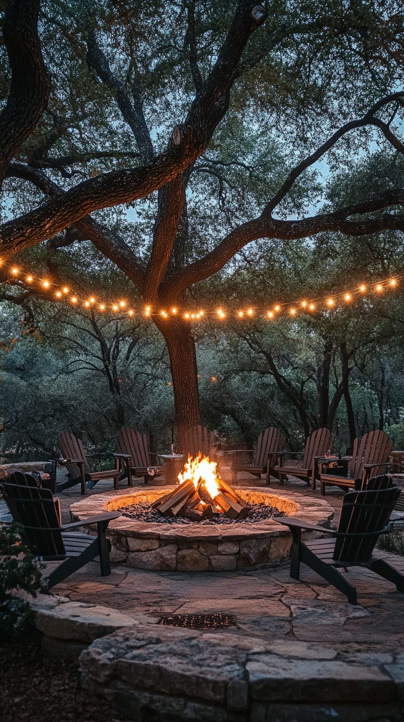 A cozy fire pit surrounded by comfortable chairs with string lights hanging above, set under towering oak trees in a rustic outdoor environment.