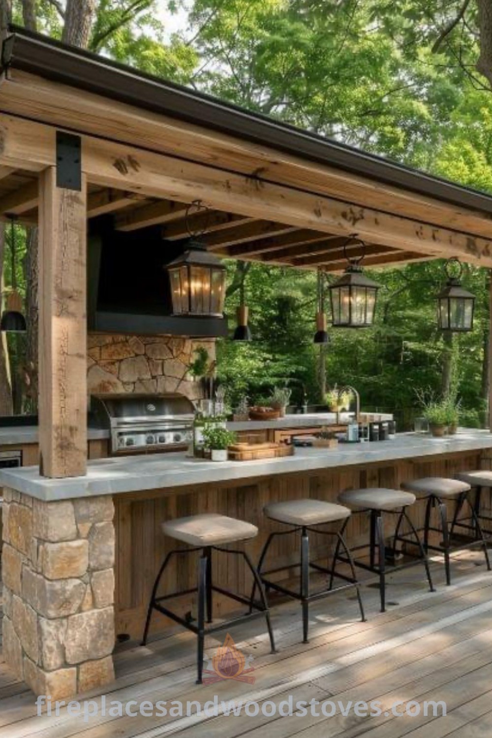 An outdoor kitchen with wood cabinets, bar stools, and a grill station, ideal for garden spaces and patio settings. Discover stylish outdoor kitchen ideas that elevate your backyard experience at patioandhomefurniture.com.