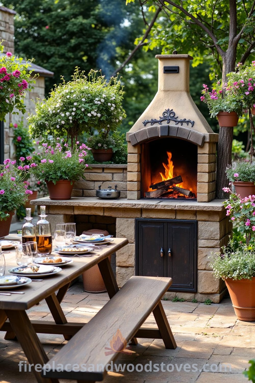 Charming outdoor barbecue made of wrought iron and stone in a sun-drenched garden corner, featuring a crackling fire, rustic wood and brick decor, and a picnic table set with mismatched plates and glass jars, surrounded by wildflowers, offering cozy ideas and inspirations for your home at fireplacesandwoodstoves.com.