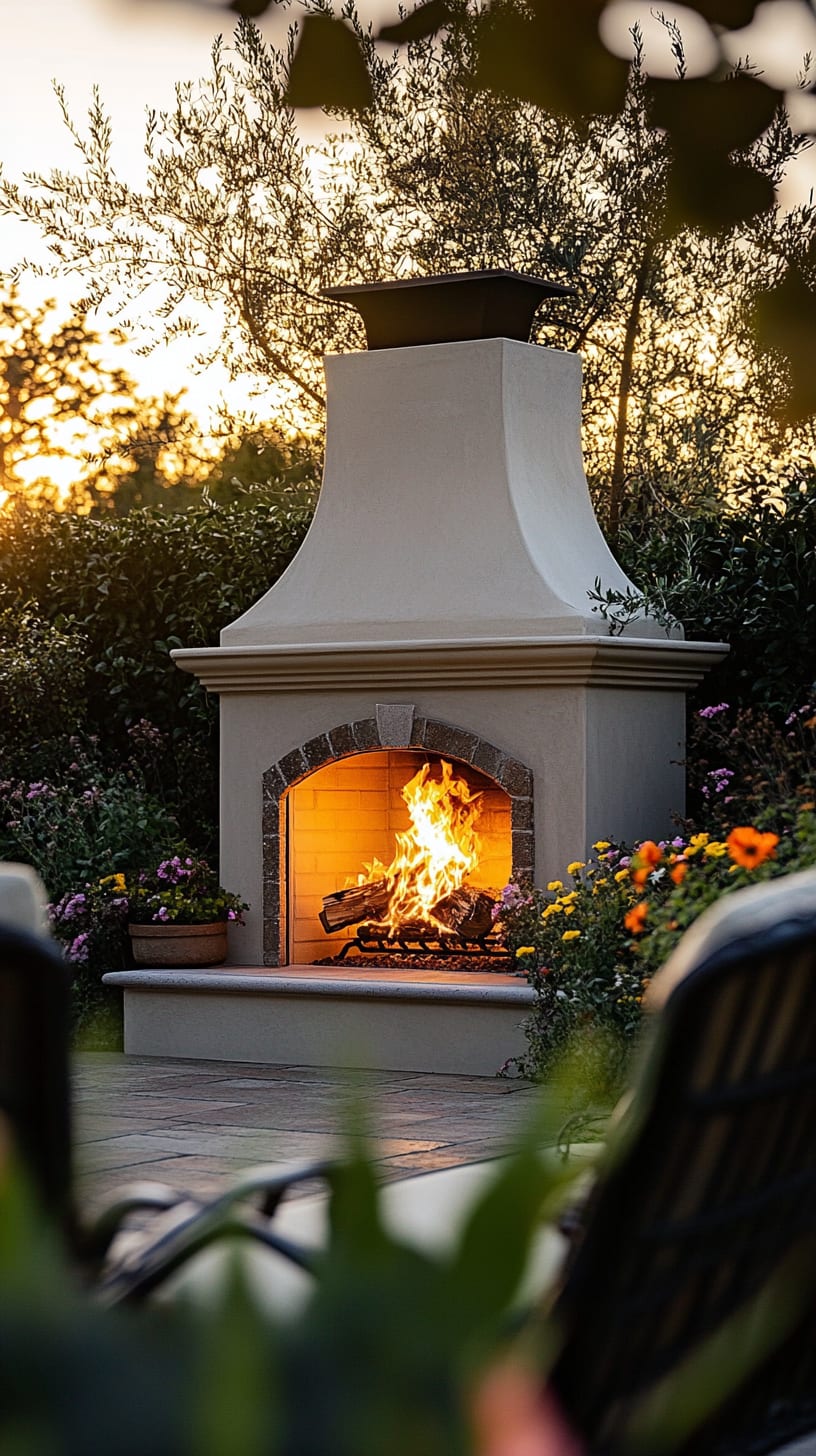 An outdoor fireplace set in a beautiful garden at sunset, surrounded by flowers and greenery, with warm flames creating a cozy atmosphere.