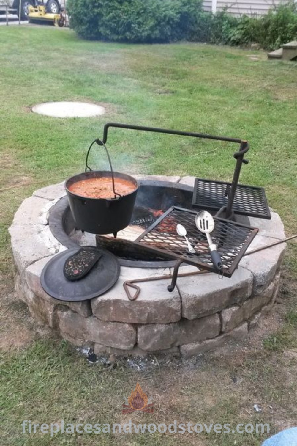 An outdoor grill with food cooking on it, set in a backyard, designed for creating memorable dining experiences. Stylish elements like cozy seating and a fire pit enhance the area, making it perfect for entertaining. Discover incredible outdoor ideas at patioandhomefurniture.com.