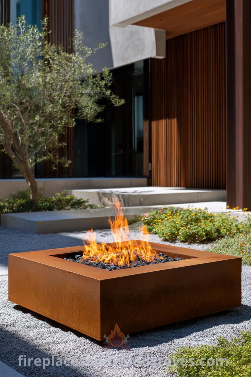 Modern fire pit made of corten steel with minimalist design, automated ignition, and surrounding greenery elements in contemporary outdoor living space.