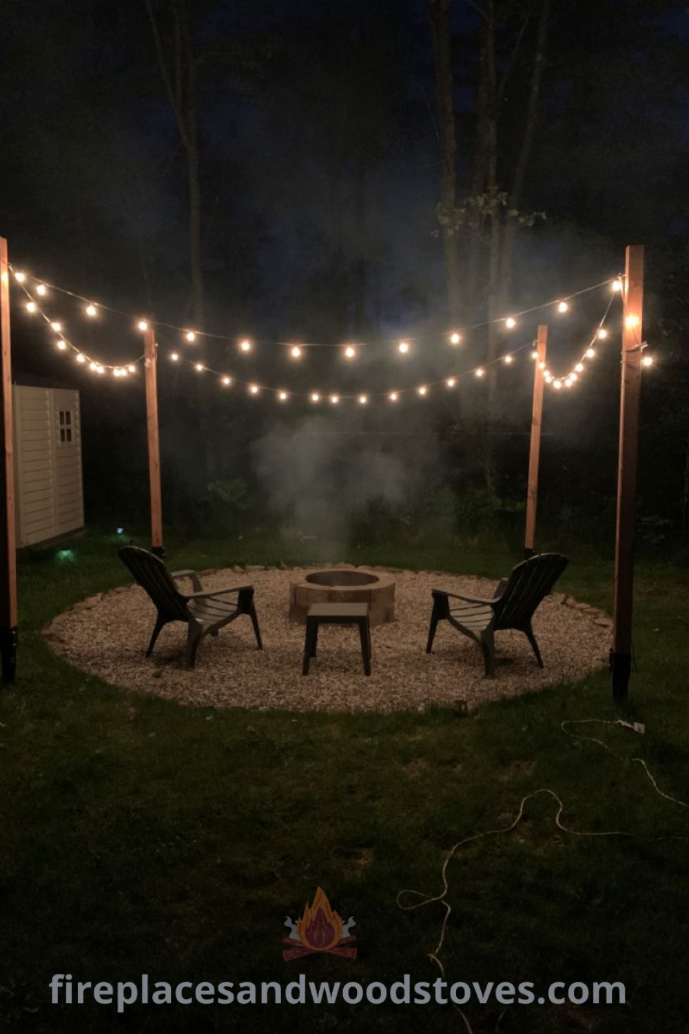 An outdoor fire pit surrounded by chairs and string lights, offering creative and cozy ideas for backyard entertainment. Perfect for budget-friendly renovations and transforming your outdoor area into a stylish retreat. Discover more outdoor inspiration at patioandhomefurniture.com.