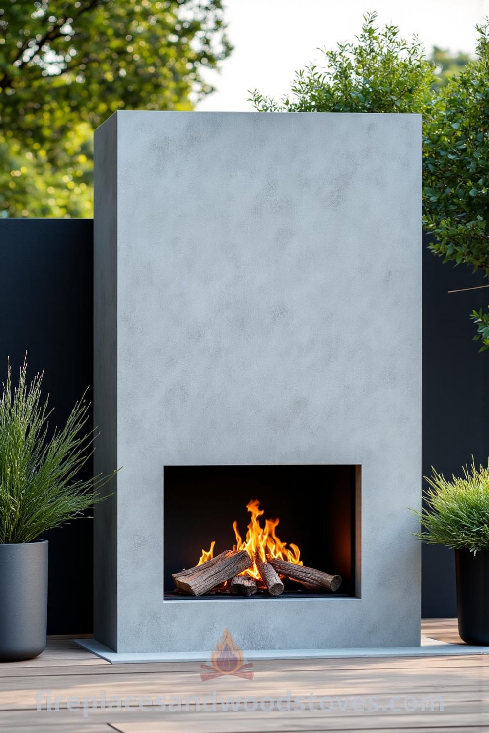 Minimalist concrete outdoor fireplace on a well-trodden patio surrounded by greenery, emitting a warm glow and inviting people to gather, complemented by softly flickering flames and potted plants swaying in the breeze, offering inspiring decor ideas for your home on fireplacesandwoodstoves.com.
