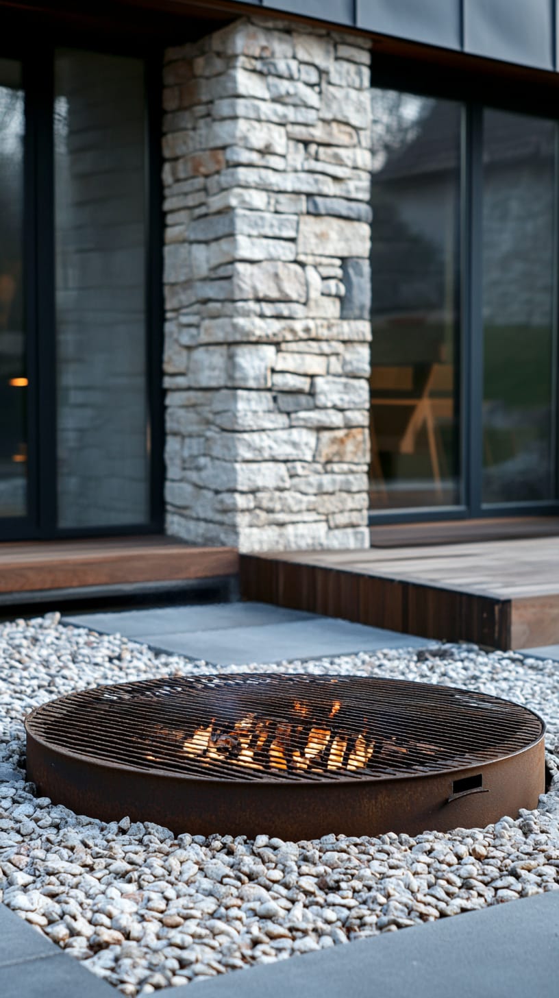 A large circular fire pit made of steel surrounded by white pebbles in front of a modern stone and dark wood house.