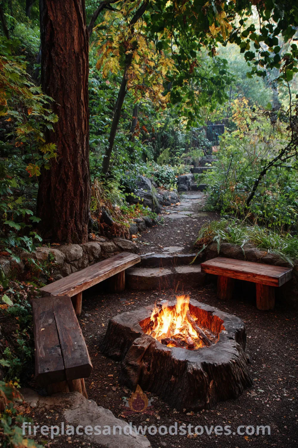 A rustic fire pit in a forest clearing with wooden benches, natural fire pit elements, warm fire glow, and inviting outdoor space.