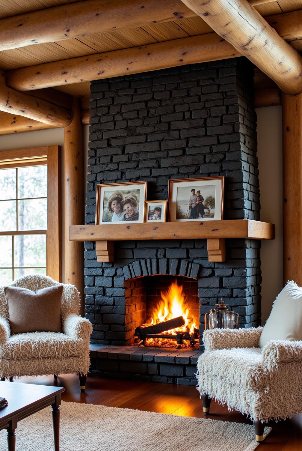 Rustic living room with a cozy stone fireplace, warm flickering flames, light wooden beams, frayed plush armchairs, and a softly woven rug, showcasing inspiring decor ideas for a cozy home on fireplacesandwoodstoves.com.