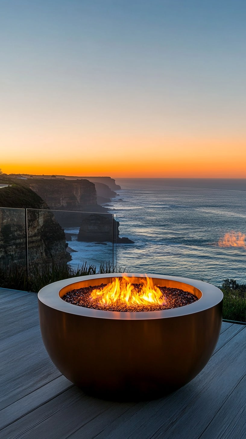 A large, round copper fire bowl on the deck of a coastal home, overlooking the ocean at sunset, surrounded by cliffs and waves.