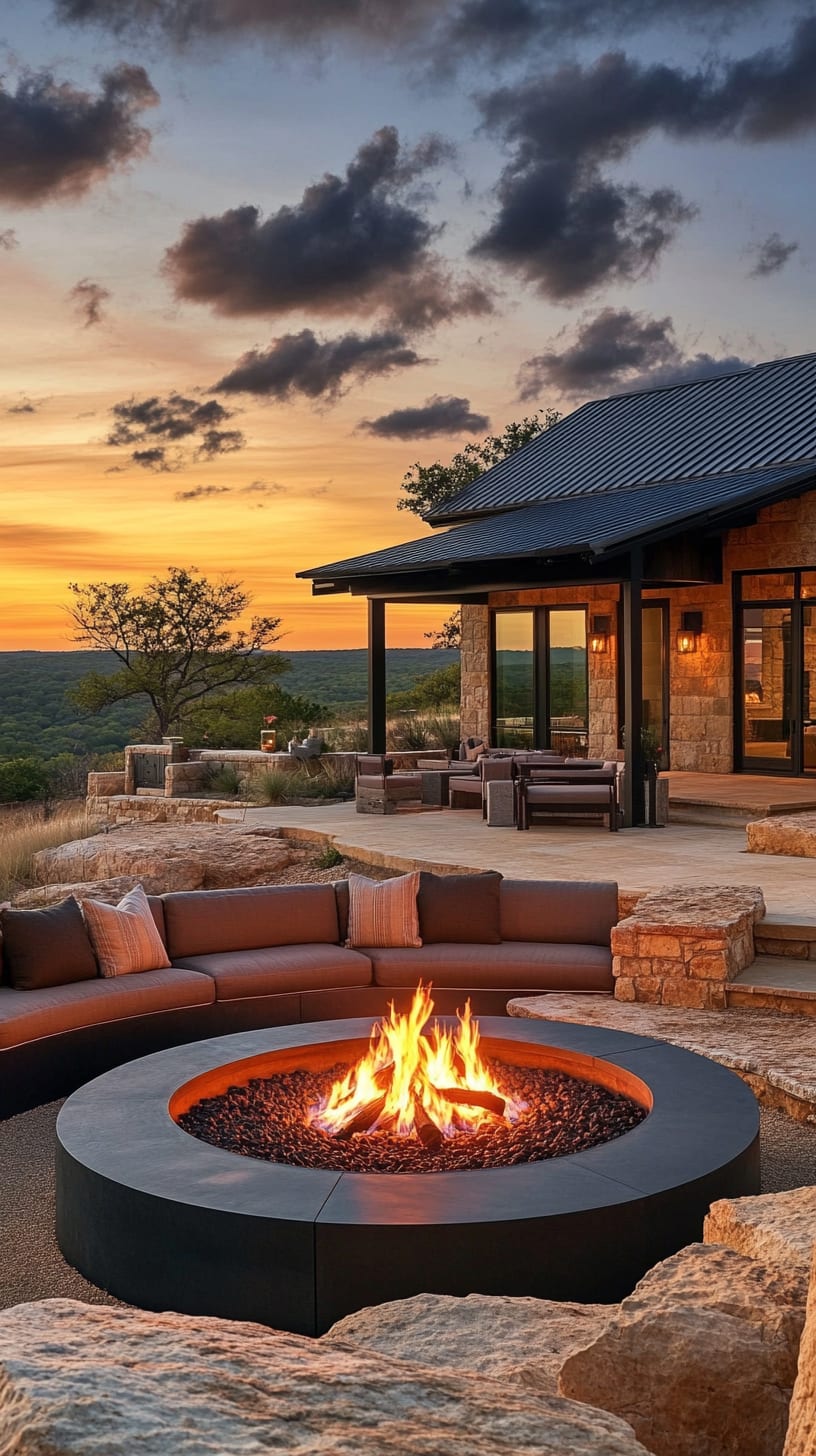 A circular fire pit surrounded by comfortable seating on a patio, overlooking a Texas landscape at sunset with modern architecture in the background.