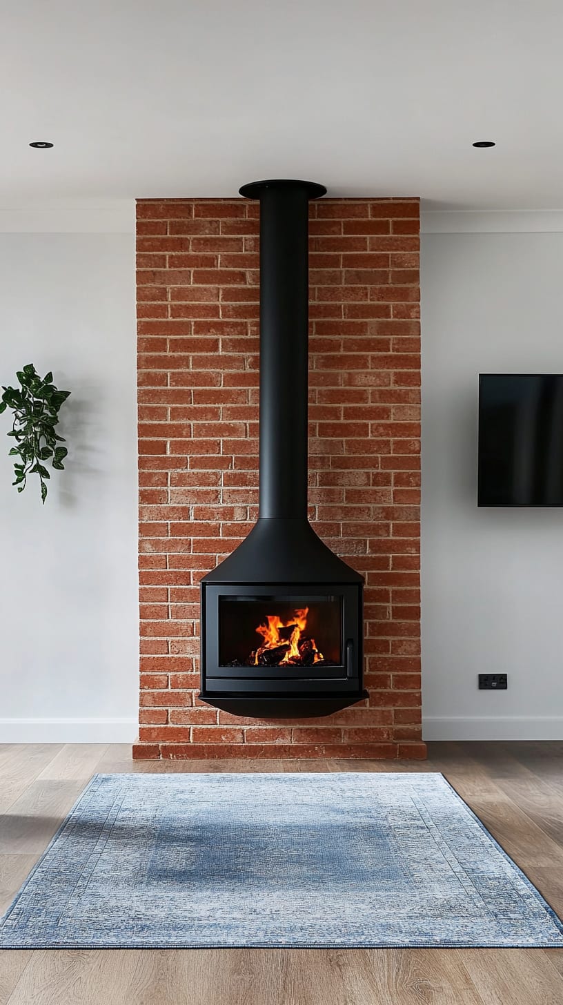 A modern black cast iron floating fireplace built into a red brick wall, with a blue rug below and a TV mounted above, creating a cozy and stylish living room ambiance.
