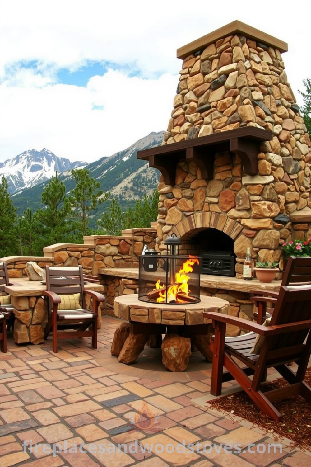 Outdoor barbecue area with richly textured stones and a wood-fueled hearth, surrounded by majestic mountains, featuring inviting wooden seating, uneven brick paths, and a natural ambiance, creating inspiring cozy ideas for your home at fireplacesandwoodstoves.com.