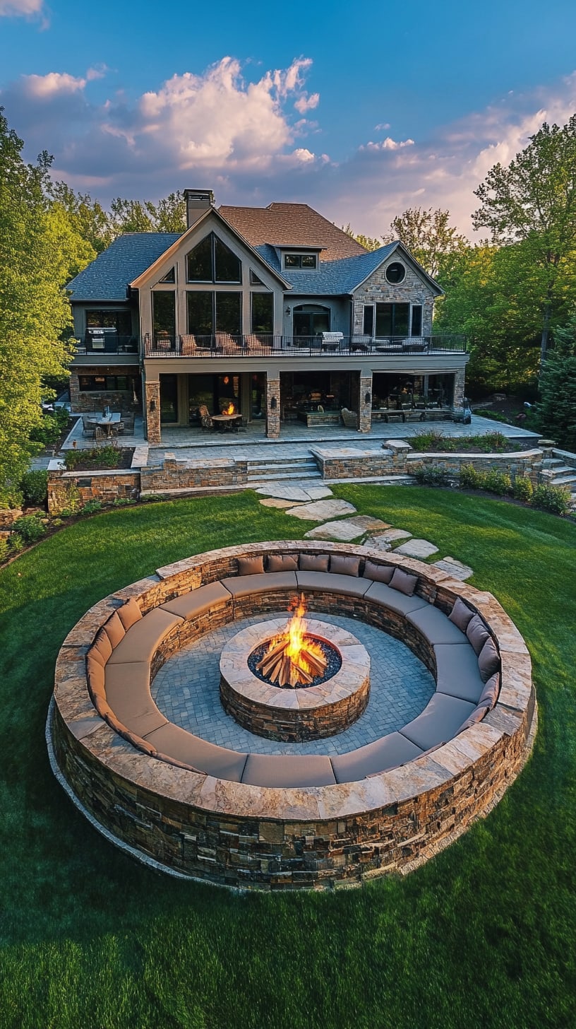 A large, round fire pit surrounded by seating on a grassy lawn near a stone and wood house, set under a sunset sky.