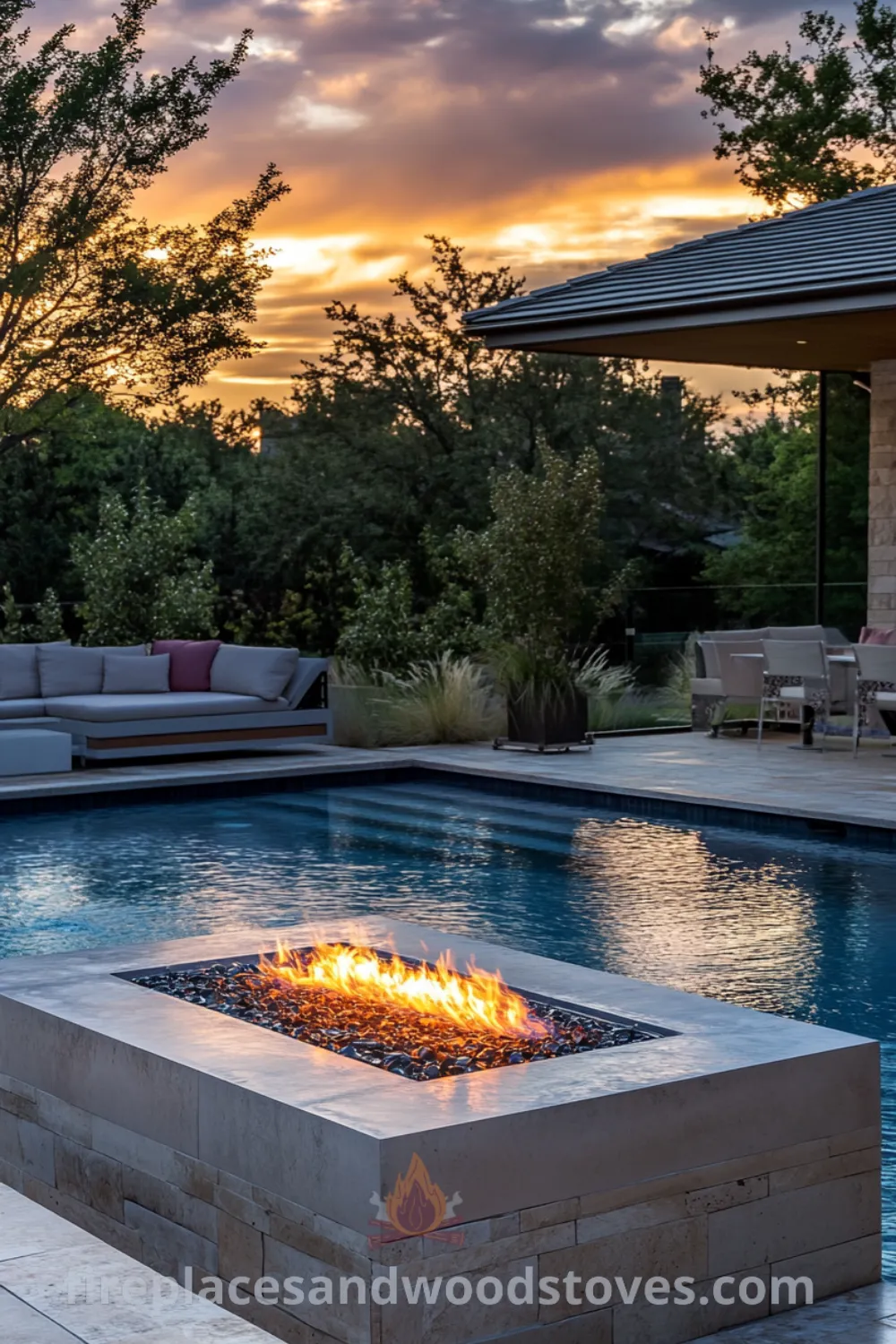 Backyard fire pit area from fireplacesandwoodstoves.com, showcasing a cozy setup with pool landscaping, a sleek fire pit design, and inspiring ideas for outdoor entertainment spaces.