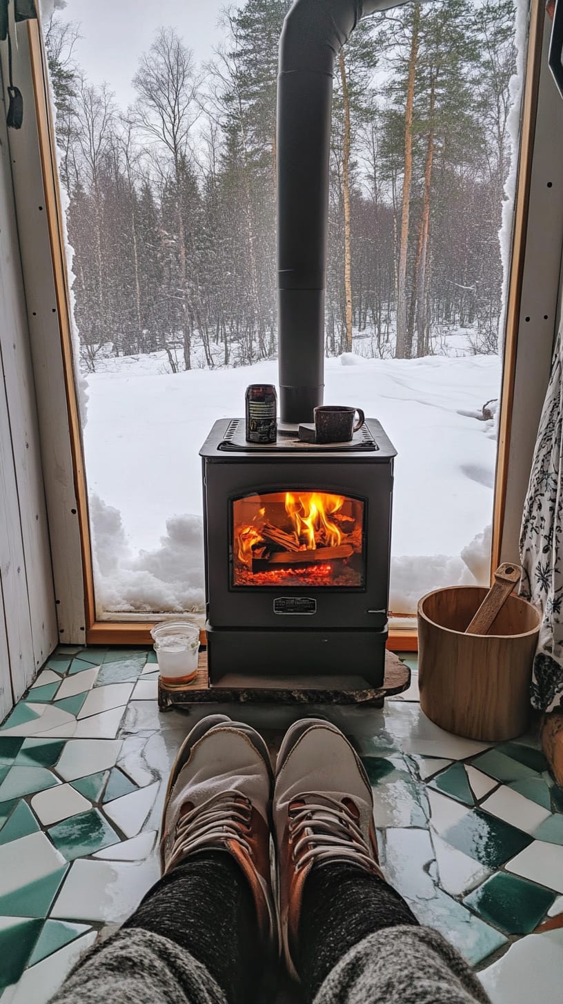 A cozy tiny house interior featuring a wood stove, colorful tiled floor, and large windows showcasing a snowy landscape outside, with slippers resting nearby.