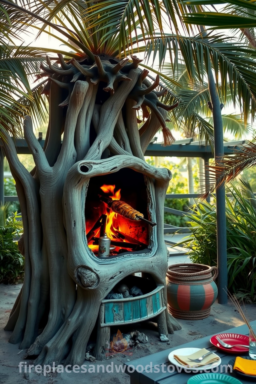 Driftwood barbecue beneath palm trees, with a warm fire, colorful plates on a picnic table, and a serene coastal background featuring swaying sea grass, creating inviting and cozy decor inspirations for your home. Visit fireplacesandwoodstoves.com for unique ideas.