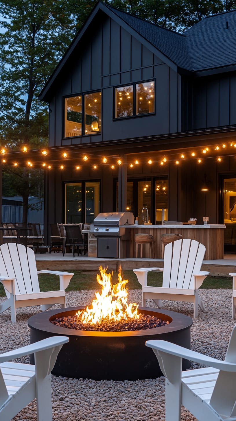 A cozy fire pit surrounded by white Adirondack chairs and string lights, with a modern black barn home and outdoor kitchen in the background.