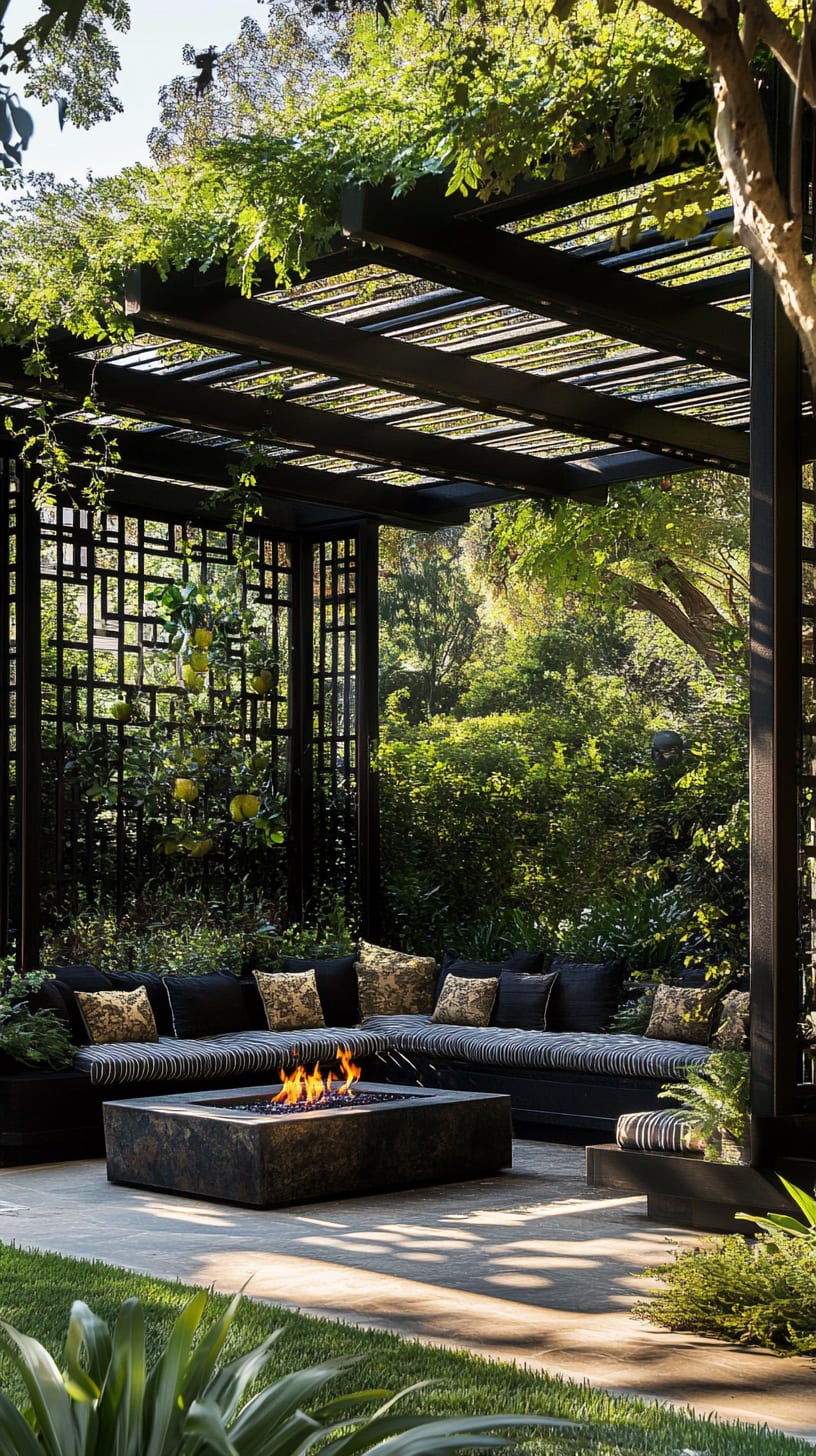 A modern outdoor seating area with black trellises and a fire pit, surrounded by lush greenery, designed for relaxation and socializing.