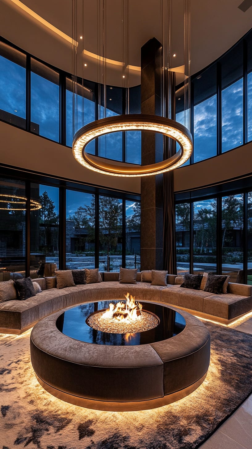 A luxurious living room with a large circular fire pit, plush seating, and floor-to-ceiling windows, featuring warm lighting and an elegant atmosphere.