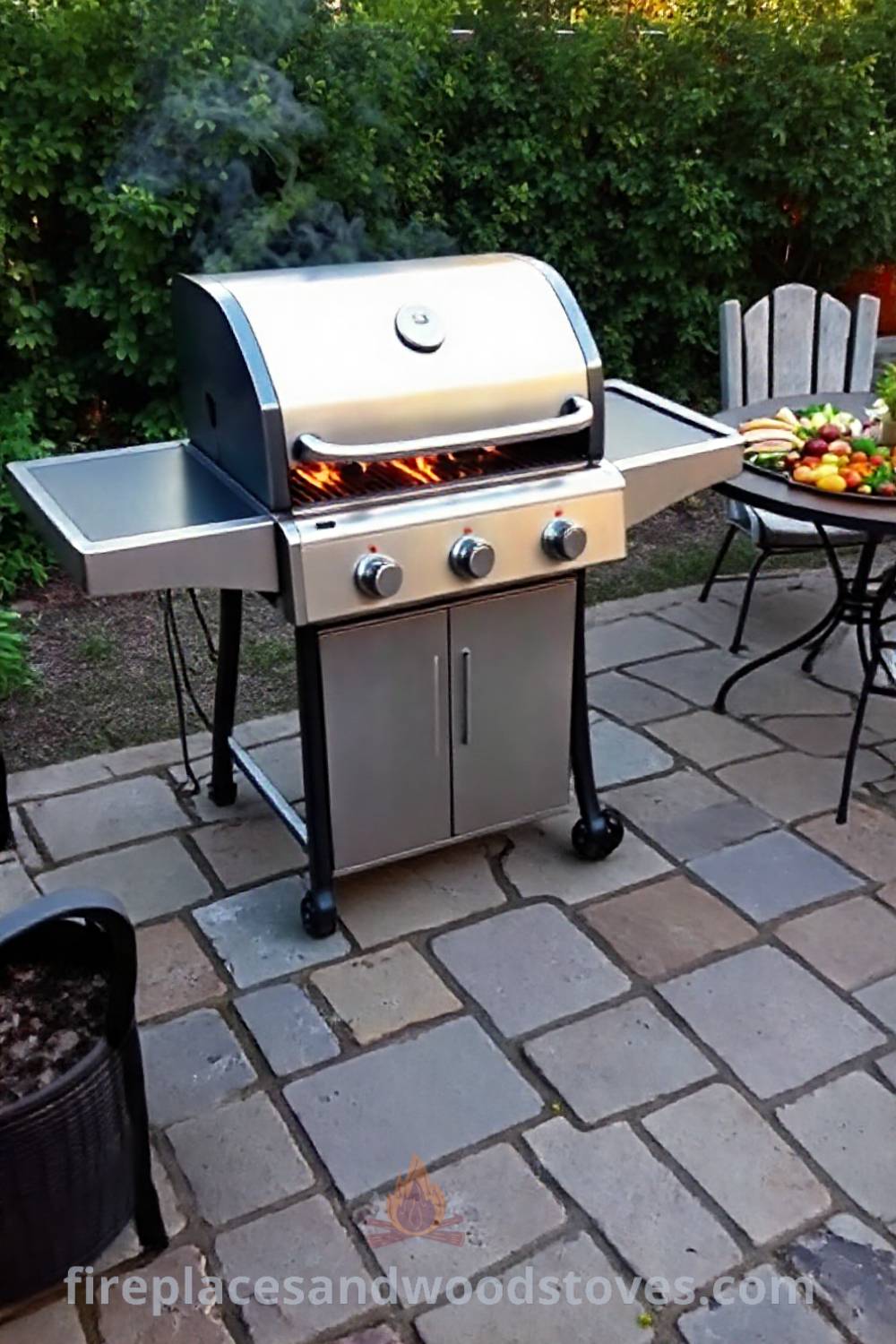 Outdoor BBQ grill on a flagstone patio with mismatched chairs and an array of colorful vegetables, creating a cozy atmosphere ideal for gatherings and feasts. Visit patioandhomefurniture.com for stylish outdoor design ideas that will wow your guests.