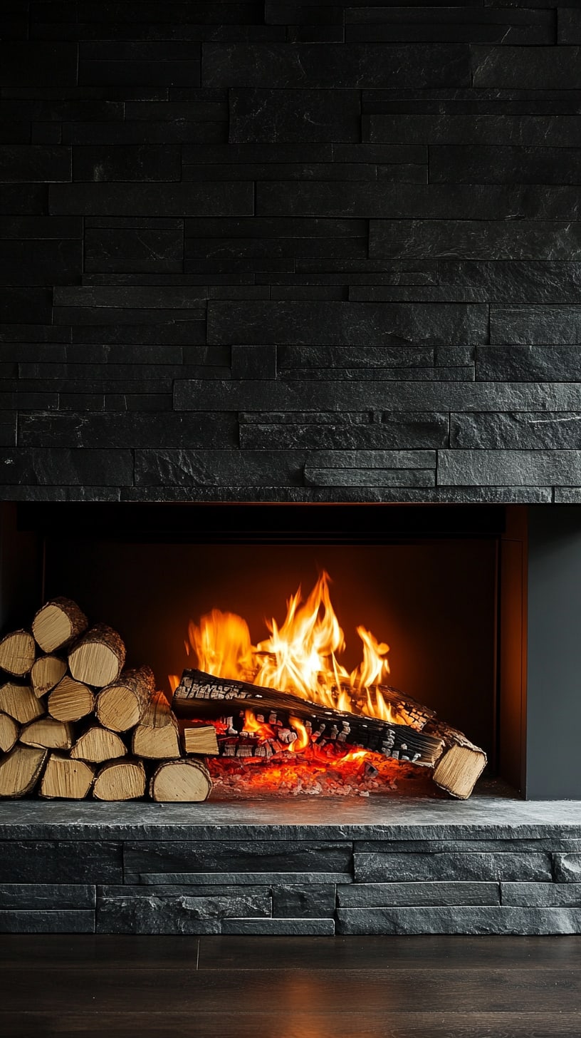 A black stone fireplace with burning firewood and flames, creating a cozy and inviting atmosphere in a stylish interior setting.