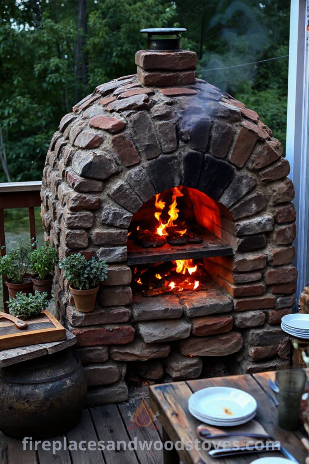 Stone BBQ oven on a wooden deck with uneven bricks and a crackling fire, surrounded by potted herbs and a rustic table, creating a cozy outdoor atmosphere perfect for gatherings and stylish backyard ideas. Visit patioandhomefurniture.com for incredible outdoor design inspiration.