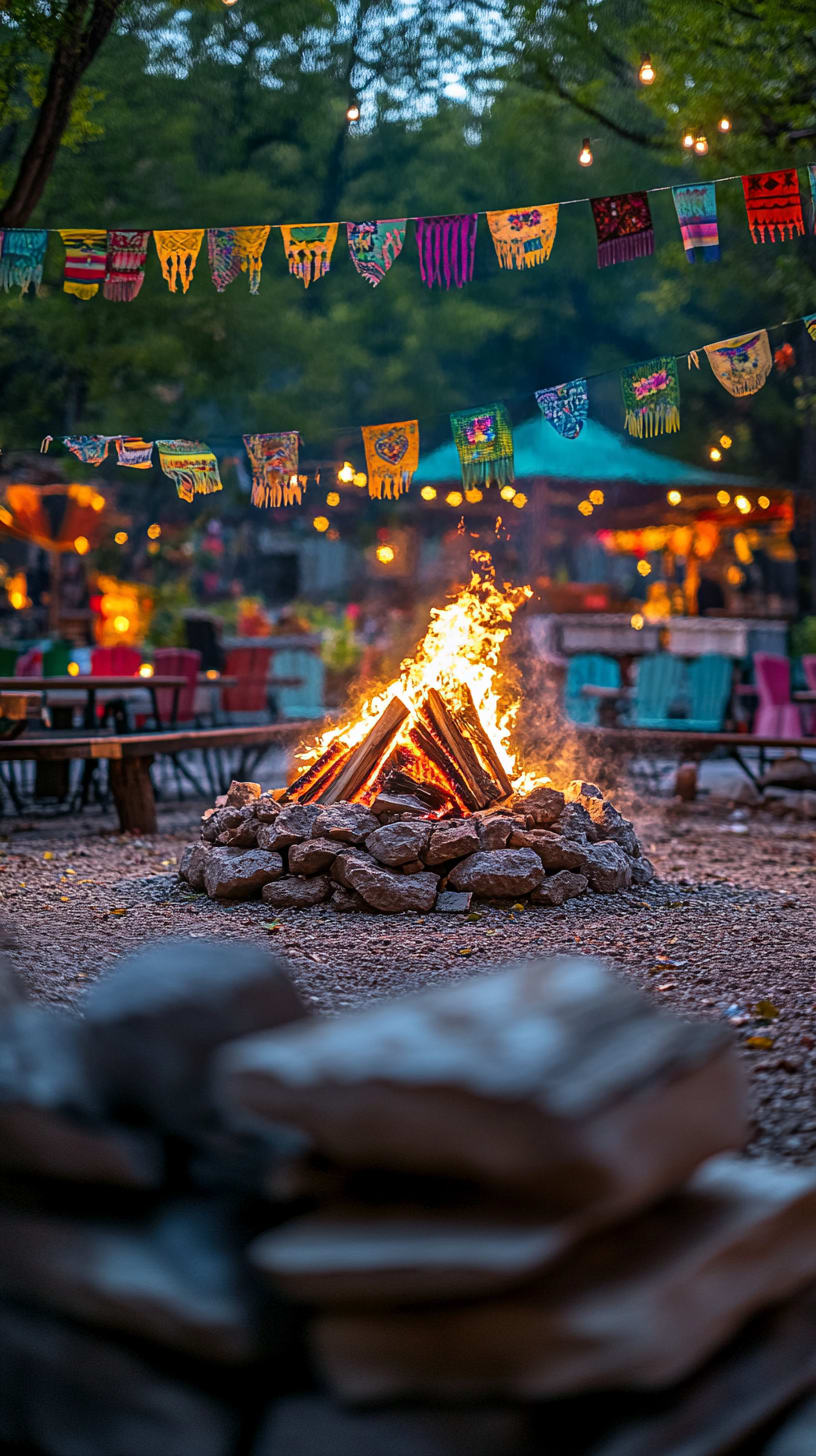 A cozy campfire surrounded by colorful Mexican decorations, vibrant flags hanging from trees, and scattered chairs for a festive Cinco de Mayo gathering.