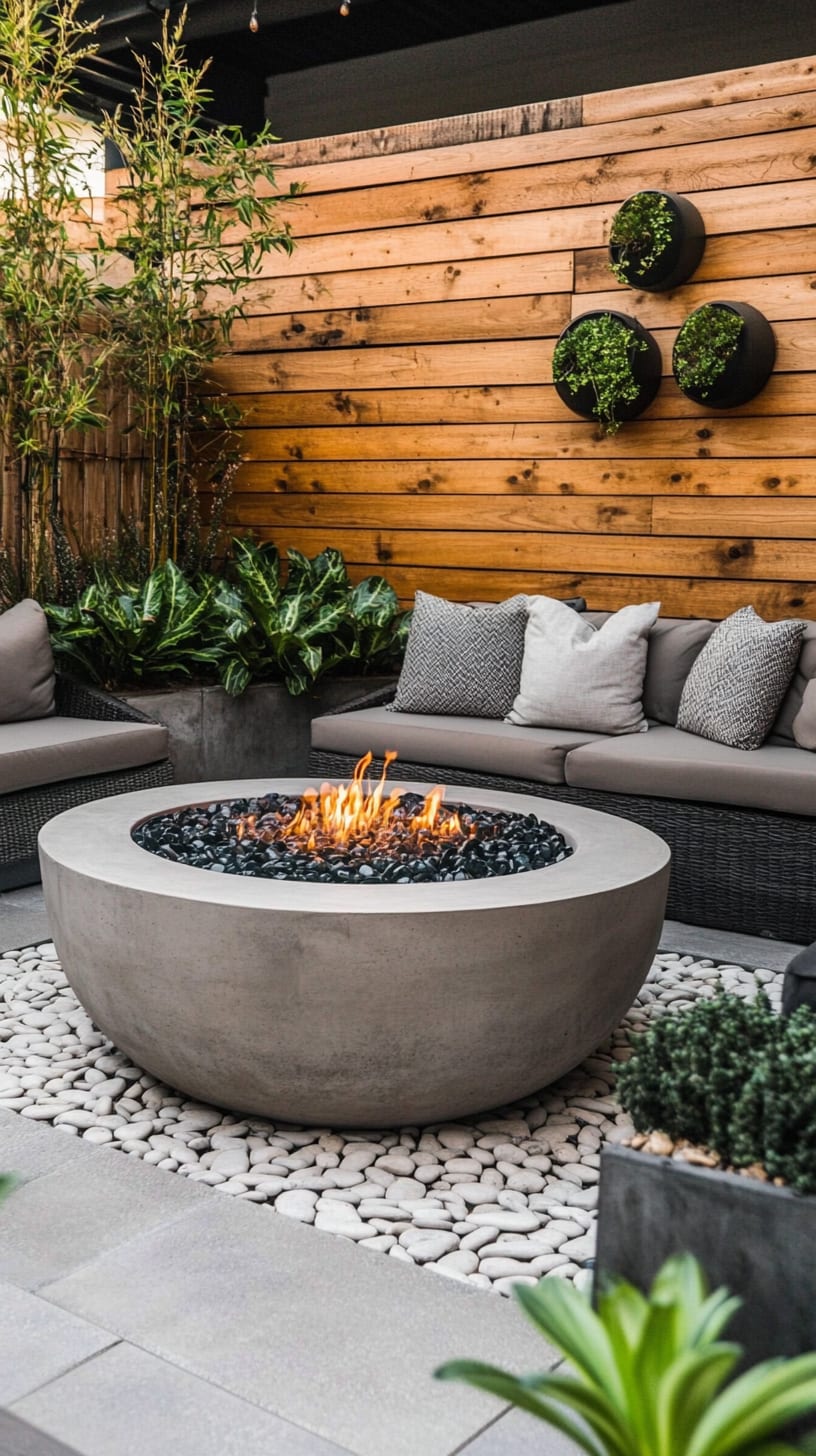 A cozy outdoor seating area featuring a round concrete fire pit surrounded by gray cushions and potted plants, with a wooden wall in the background.
